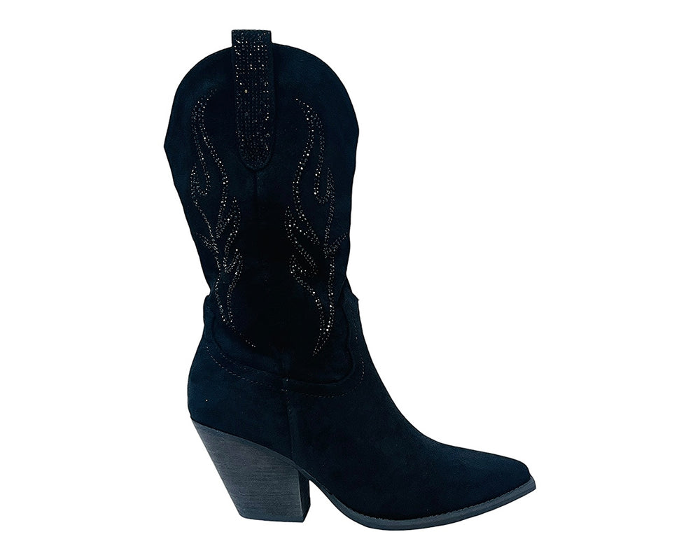 Faux Suede Western Cowboy Diamante Mid Calf Boots