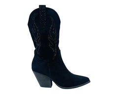 Faux Suede Western Cowboy Diamante Mid Calf Boots