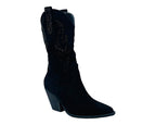 Faux Suede Western Cowboy Diamante Mid Calf Boots