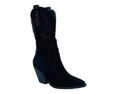 Faux Suede Western Cowboy Diamante Mid Calf Boots