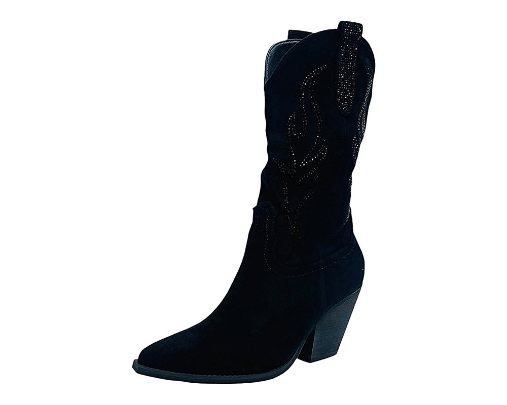 Faux Suede Western Cowboy Diamante Mid Calf Boots