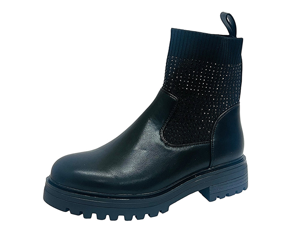 Faux Leather Diamante Knitted Ankle Boots