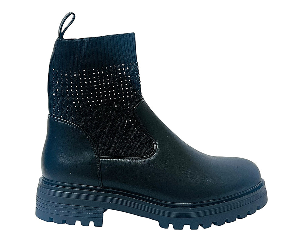 Faux Leather Diamante Knitted Ankle Boots Main image