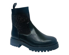Faux Leather Diamante Knitted Ankle Boots