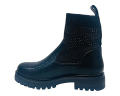 Faux Leather Diamante Knitted Ankle Boots