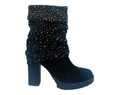 Fold Over Rhinestone Block Heel Ankle Boots