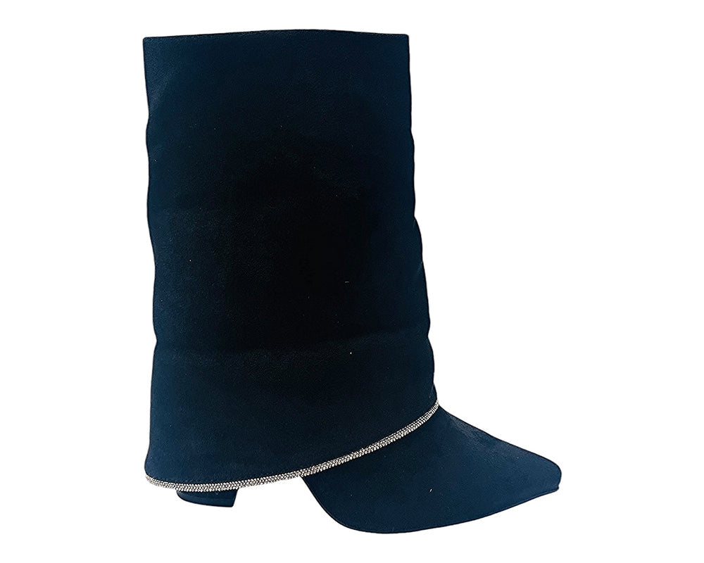 Block Heel Fold Over Rhinestone Ankle Boots