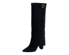 Faux Suede Knee High Fold Over Block Heel Boots