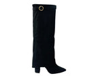 Faux Suede Knee High Fold Over Block Heel Boots