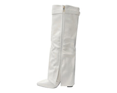 Faux Leather Knee High Fold Over Block Heel Boots