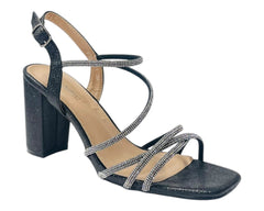 Diamante Glitter Ankle Strap Block Heel Shoes