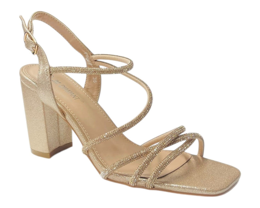 Diamante Glitter Ankle Strap Block Heel Shoes