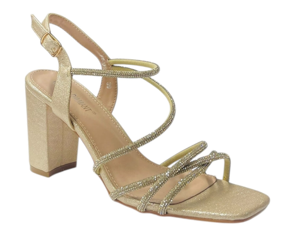 Diamante Glitter Ankle Strap Block Heel Shoes