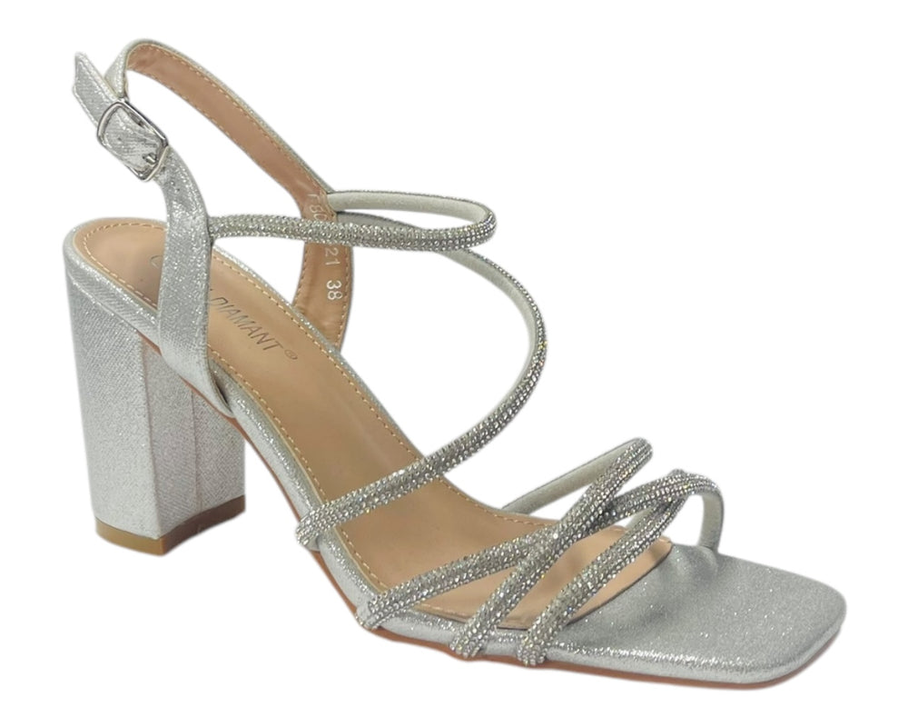 Diamante Glitter Ankle Strap Block Heel Shoes