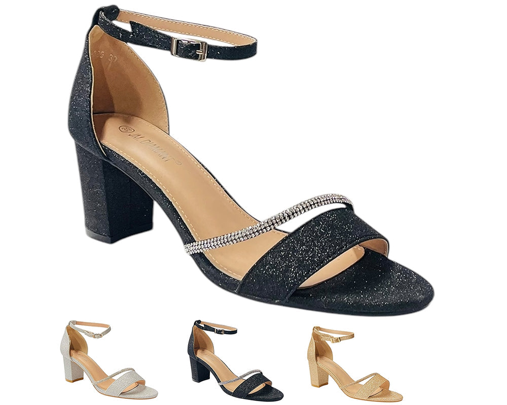 Glitter Ankle Strap Block Heel Diamante Shoes Main image