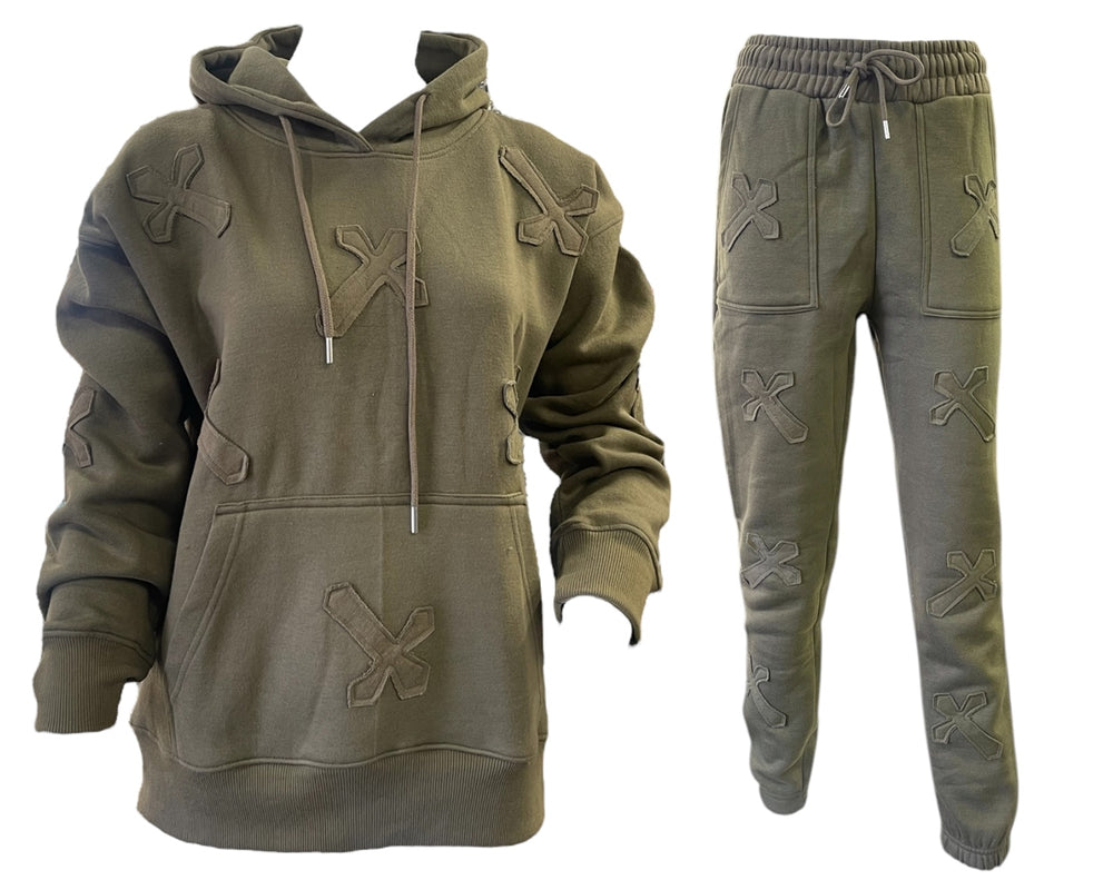 Cross Detail Embroidered Hooded Tracksuit