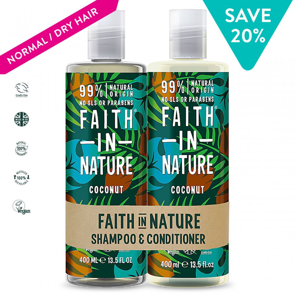 Faith in Nature Natural Coconut Shampoo and Conditioner Set, Hydrating Vegan and Cruelty Free, Parabens and SLS Free, for Normal to Dry Hair, 2 x 400 ml Main image