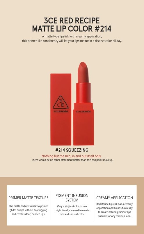 3CE Matte Red Recipe Lip Colour No 214 Squeezing - Lipstick - British D'sire