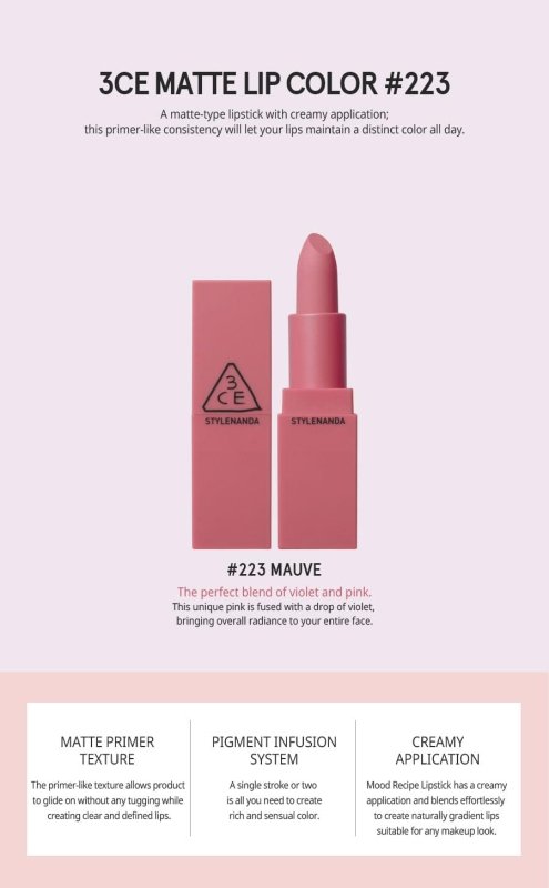 3CE - Supreme Violet Matte Lip Colour 223 Mauve - Lipstick - British D'sire