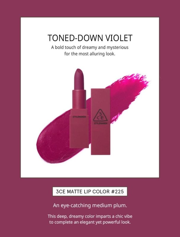 3CE - Supreme Violet Matte Lip Colour 225 Flexible - Lipstick - British D'sire