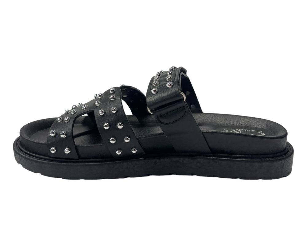 Faux Leather Flat Studded Sliders