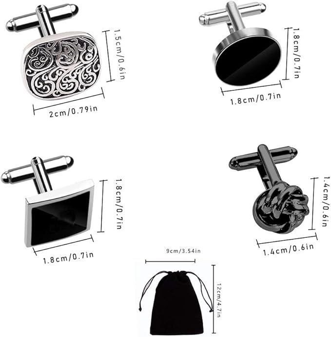 4Pairs Cufflinks for Men,Stainless Steel Classic Tone Cufflinks Black Round Square Retro Knot French Striped Cuff Link Kit Shirt Suit Button Cufflinks Secondary image
