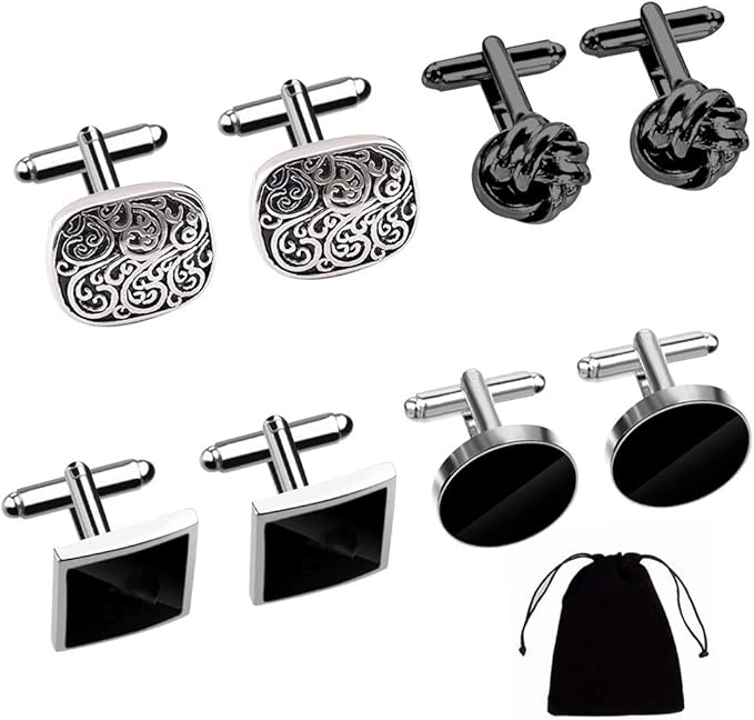 4Pairs Cufflinks for Men,Stainless Steel Classic Tone Cufflinks Black Round Square Retro Knot French Striped Cuff Link Kit Shirt Suit Button Cufflinks - Men's Cuff Links and Tie Clips - British D'sire Main image