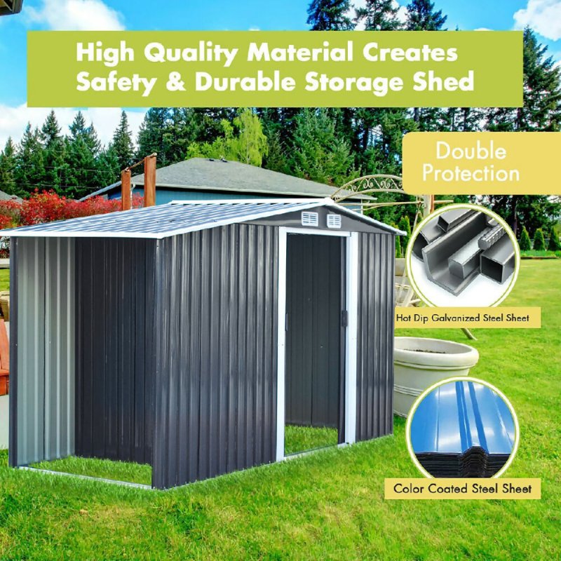 4x8ft Outdoor Garden Metal Storage Shed Log Wood Store House with Sliding Doors - Garden Shed - British D'sire