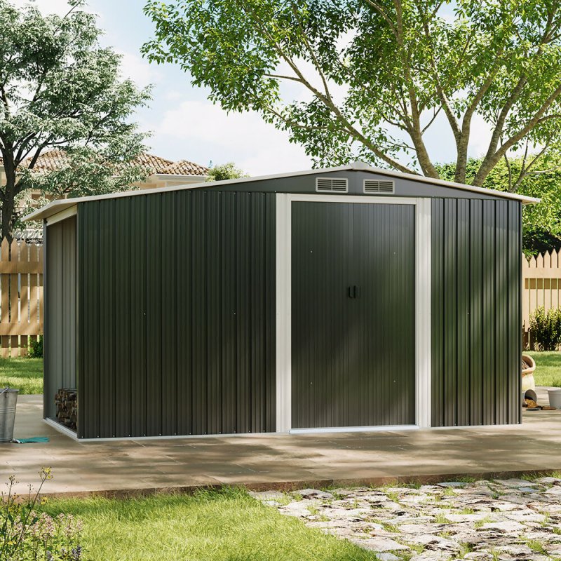 4x8ft Outdoor Garden Metal Storage Shed Log Wood Store House with Sliding Doors Secondary image