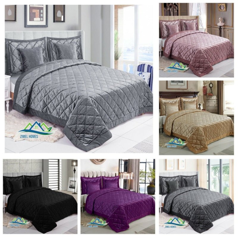 5 Pieces Luxury Crushed velvet Bedspread Quilted Comforter Bedding Set & Cushion - Home, Furniture & DIY:Bedding:Decorative Quilts & Bedspreads - British D'sire