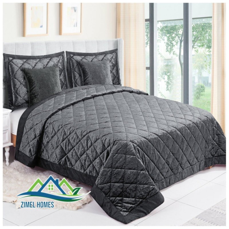 5 Pieces Luxury Crushed velvet Bedspread Quilted Comforter Bedding Set & Cushion - Home, Furniture & DIY:Bedding:Decorative Quilts & Bedspreads - British D'sire