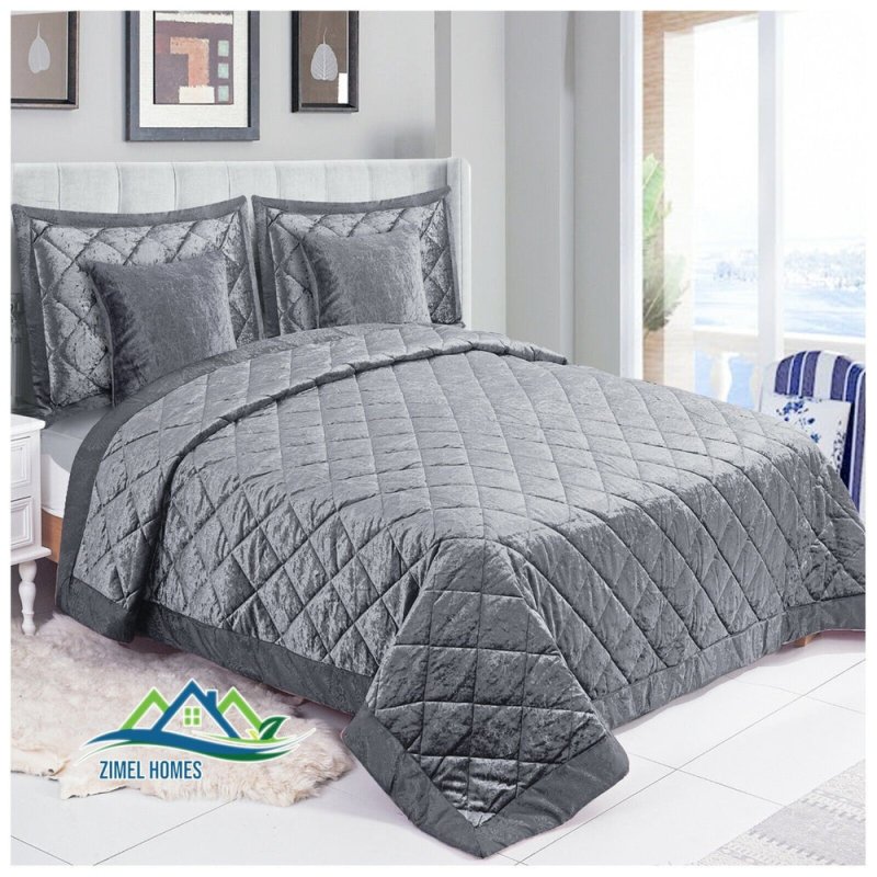 5 Pieces Luxury Crushed velvet Bedspread Quilted Comforter Bedding Set & Cushion - Home, Furniture & DIY:Bedding:Decorative Quilts & Bedspreads - British D'sire