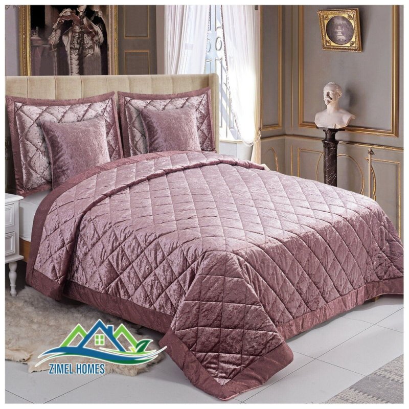 5 Pieces Luxury Crushed velvet Bedspread Quilted Comforter Bedding Set & Cushion - Home, Furniture & DIY:Bedding:Decorative Quilts & Bedspreads - British D'sire