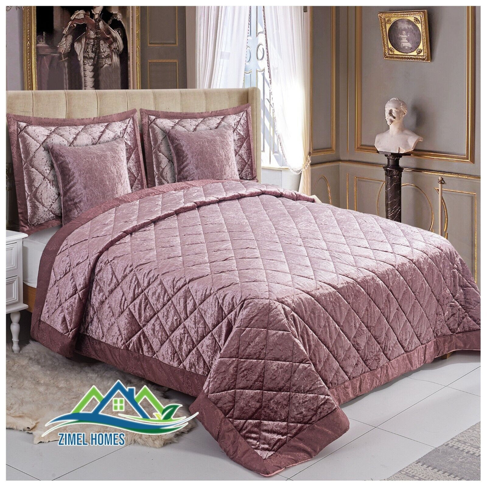 5 Pieces Luxury Crushed velvet Bedspread Quilted Comforter Bedding Set & Cushion