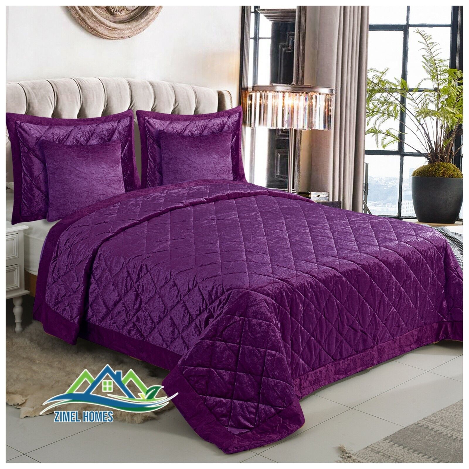 5 Pieces Luxury Crushed velvet Bedspread Quilted Comforter Bedding Set & Cushion