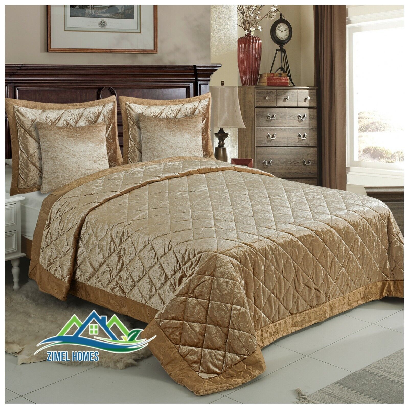 5 Pieces Luxury Crushed velvet Bedspread Quilted Comforter Bedding Set & Cushion