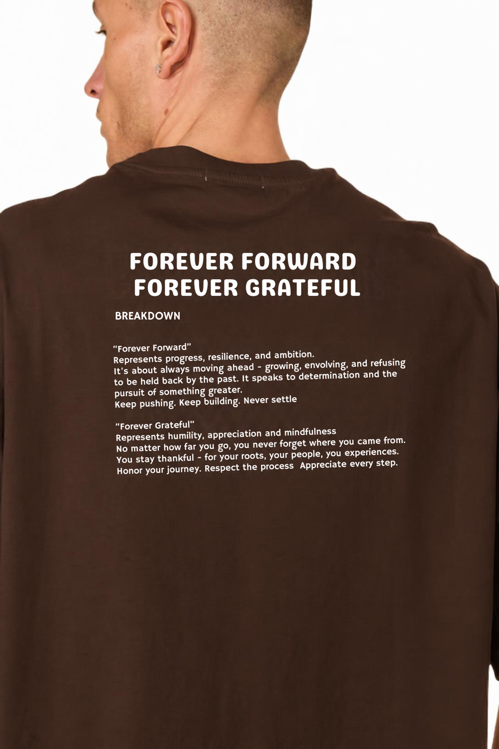 A man shown from the back wearing a dark brown t-shirt with white printed text and graphics on the back, set against a plain white background.