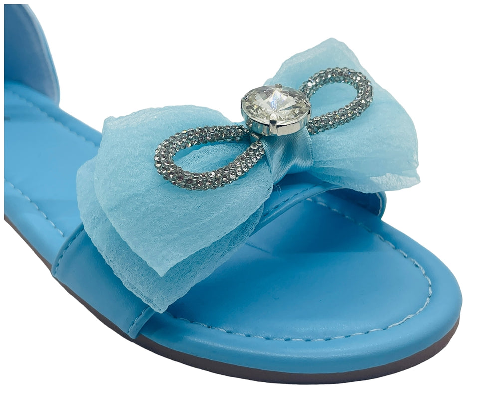 Ankle Strap Flat Rhinestone Mesh Bow Sandals