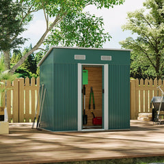 6 x 4 ft Pent Metal Garden Storage Shed Outdoor Tool House with Base, Dark Green - Garden Shed - British D'sire