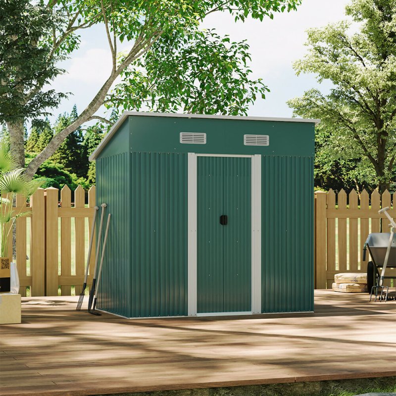 6 x 4 ft Pent Metal Garden Storage Shed Outdoor Tool House with Base, Dark Green - Garden Shed - British D'sire Main image