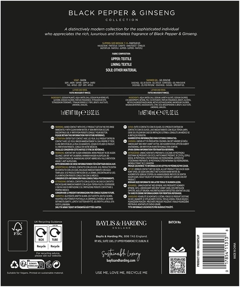 BAYLIS & HARDING BLACK PEPPER LUXURY SLIPPER SET