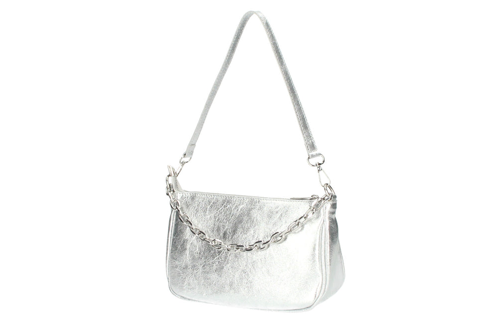 Italian Leather Kelly Shoulder Bag in Silver