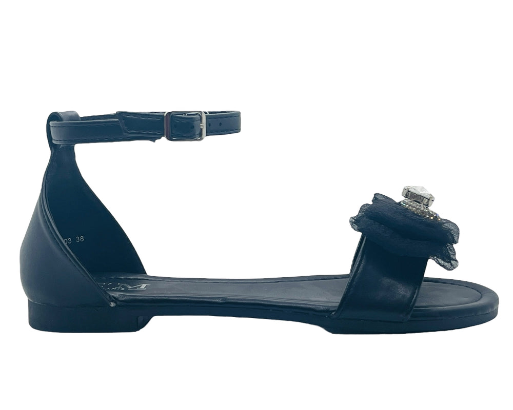 Ankle Strap Flat Rhinestone Mesh Bow Sandals