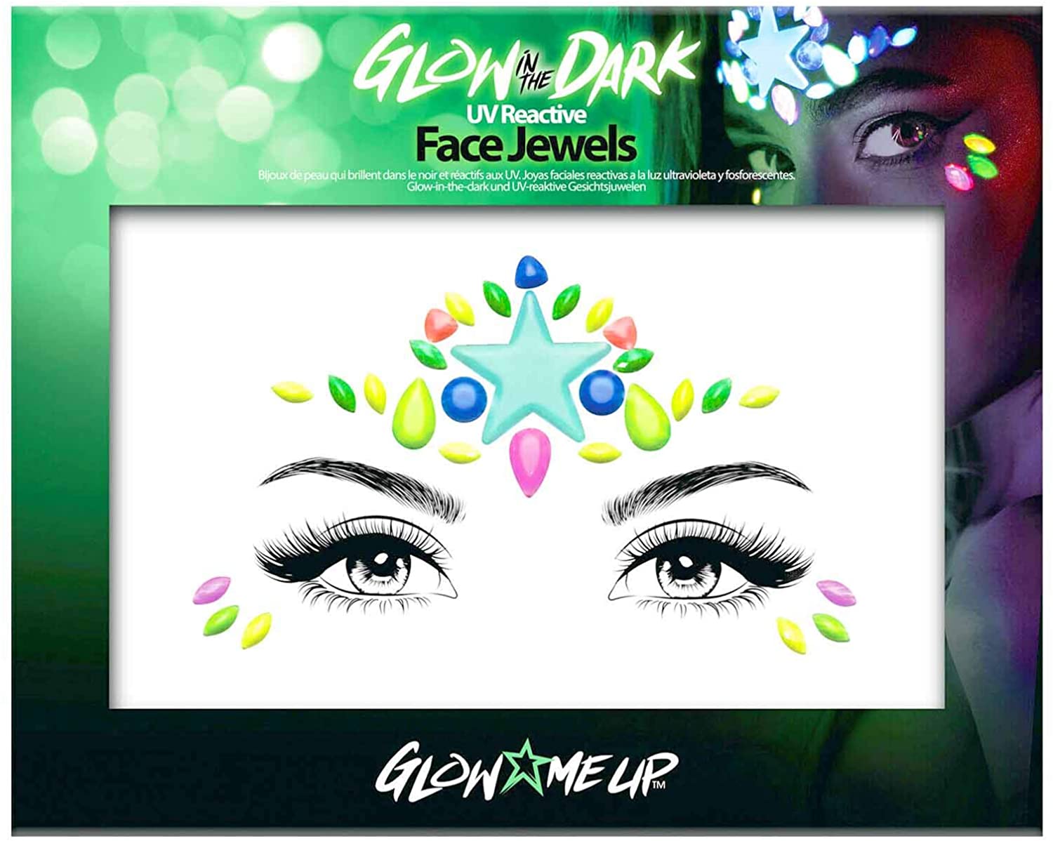 Glow in the Dark Face Jewels Stickers - Halloween temporary tattoo face gems - Luminous glow Face Gems - great with fake blood, glowsticks, glow in the dark face paint, uv face paint Main image