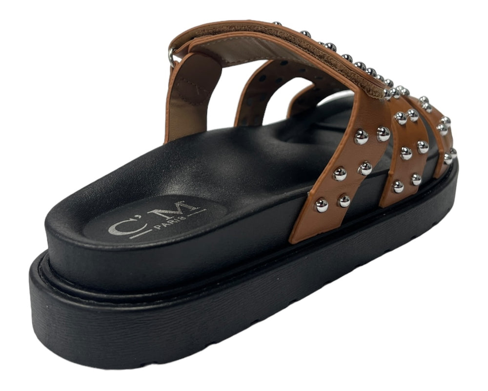 Faux Leather Flat Studded Sliders