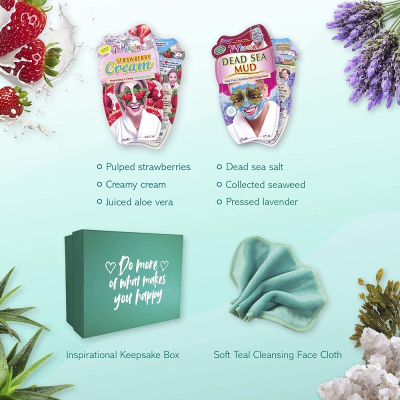 7th Heaven Beauty Box of Treats Gift Pack with 8 Facial Skincare Masks - Includes a Decorated Keepsake Box and Cleansing Face Cloth - Face Masks - British D'sire