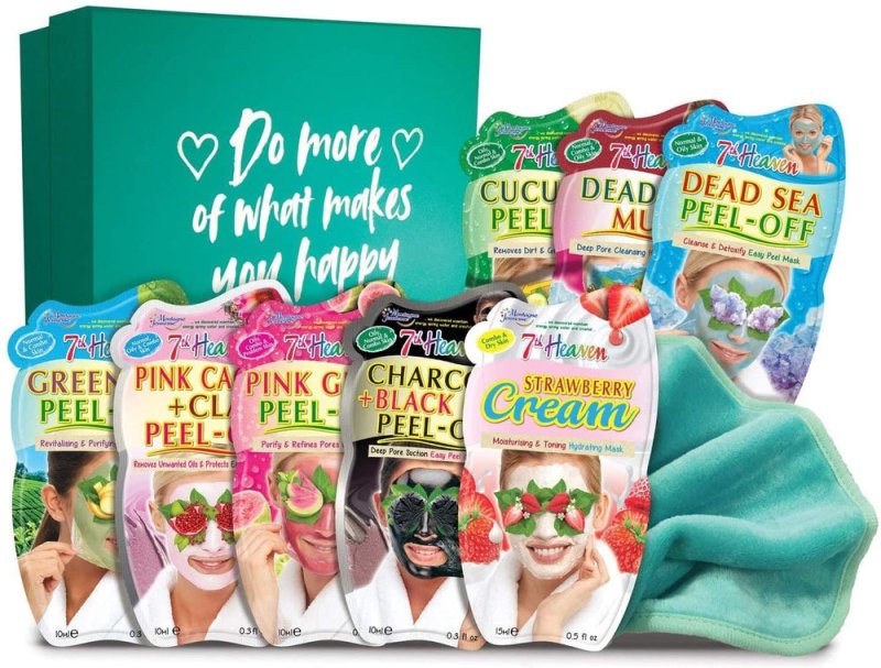 7th Heaven Beauty Box of Treats Gift Pack with 8 Facial Skincare Masks - Includes a Decorated Keepsake Box and Cleansing Face Cloth - Face Masks - British D'sire