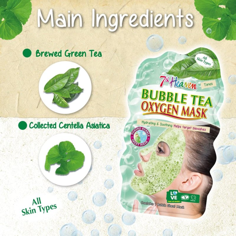 7th Heaven Bubble Tea Oxygen Mask Infused with Green Tea and Centella Asiatica to Hydrate, Soothe and Help Target Blemishes - Face Masks - British D'sire