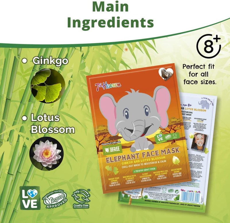 7th Heaven Face Food Born Free Elephant Sheet Mask enriched with Ginkgo and Lotus Blossom to Chill out, Moisturise and Calk your Skin - Face Masks - British D'sire