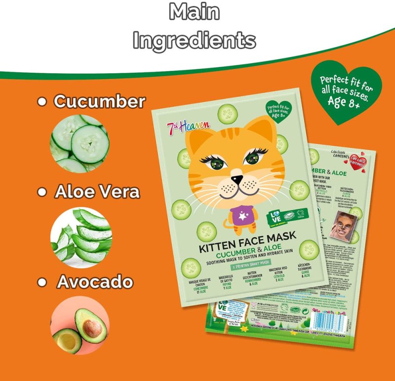 7th Heaven Face Food Kitten Sheet Face Mask Cucumber And Aloe Soothing Mask To Soften And Hydrate Skin - Sheet Mask - British D'sire